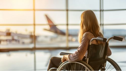 Fliegen mit Behinderung: Touristin wartet am Flughafen aufs Boarding.